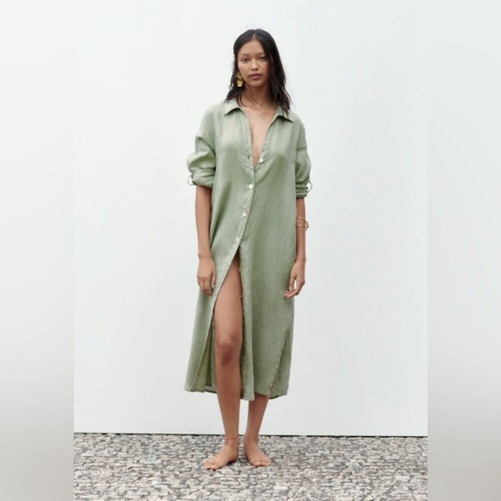 ZARA Linen Midi Dress, Green Khaki
